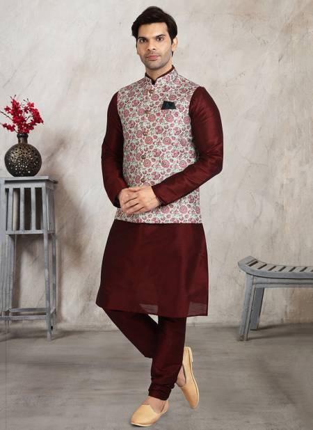 Pista Green Colour Festive Wear Jacquard Banarasi Silk Digital Print Kurta Pajama With Jacket Mens Collection 1207